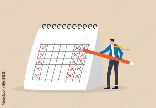 4 day work week, reduce working day to increase efficiency and productivity, flexible work day for employee benefit concept, businessman manager put holiday on calendar to make company 4 day work week