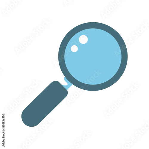 Simple blue magnifying glass icon in a flat vector style, symbolizing search, analysis, and discovery, isolated on a white background
