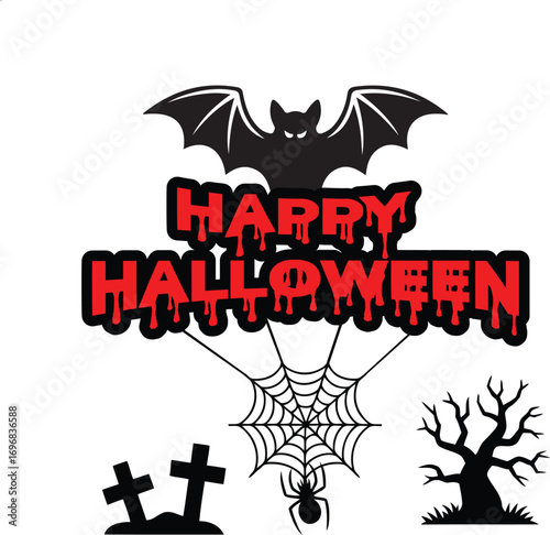 Black bat red dripping text spider web gravestones spooky tree