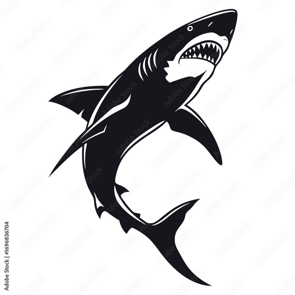 Obraz premium Dark Silhouette of a Great White Shark Leaping with Mouth Open on White Background jumping