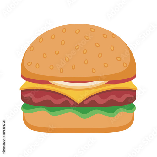 A delicious cartoon cheeseburger vector illustration. This classic fast food hamburger icon with a sesame seed bun and fresh toppings is isolated on white