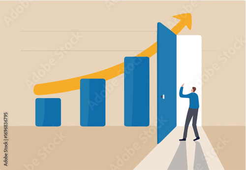 Business success secret, idea to growing business and achieve target concept, smart businessman open the door on high profit bar graph and rising arrow chart to enter and see how to improve. 