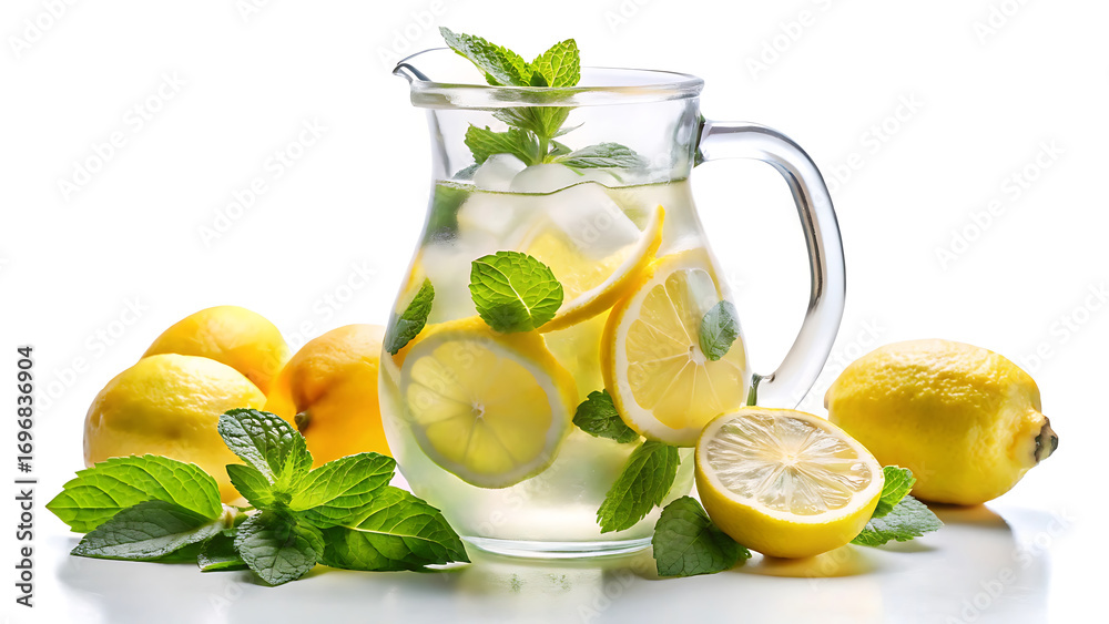 Fototapeta premium Glass pitcher of iced lemonade with mint leaves isolated on white refreshing drink