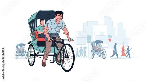 Urban Ride: An illustration of a bicycle rickshaw, traversing a lively city scene with passengers, portraying a classic mode of transport in a bustling urban environment.