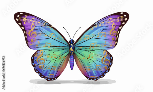 3D realistic colorful butterfly isolated on white background, wings decorated with subtle embossed musical notes and treble clef, glossy smooth texture, vibrant but elegant colors.generative ai
