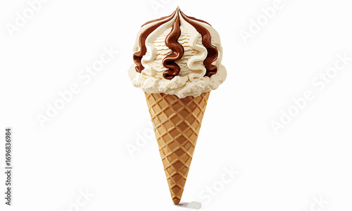 _ice cream cone with vanilla and chocolate swirl, realistic style, isolated on white background.Generative ai