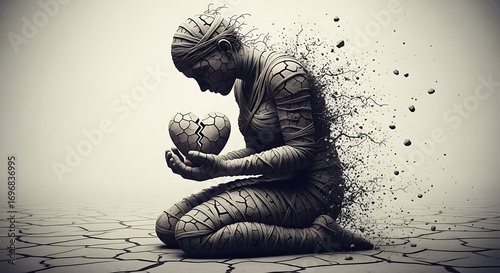 a person made of cracked earth, kneeling and holding a cracked heart. Parts of the person are disintegrating, suggesting a sense of loss or heartbreak