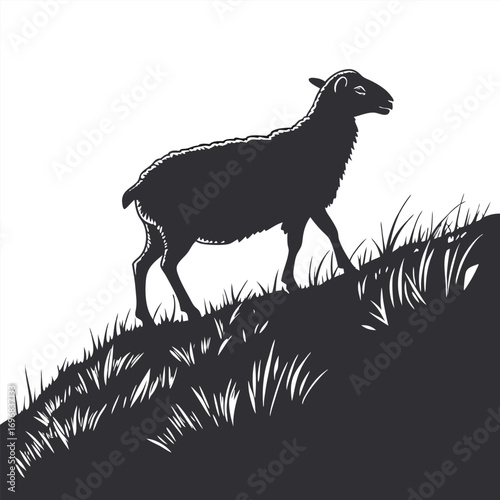 Dark Silhouette of a Sheep Walking on a Grassy Slope animal livestock