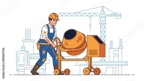 Construction Worker with Concrete Mixer: A focused construction worker diligently operates a concrete mixer on a construction site, showcasing his skill and commitment to the project's progress.