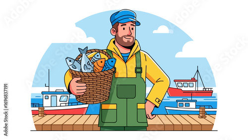 The Fisherman's Catch: A cheerful fisherman, adorned in his traditional attire, proudly displays his fresh catch of fish, capturing the essence of a bountiful day at sea.
