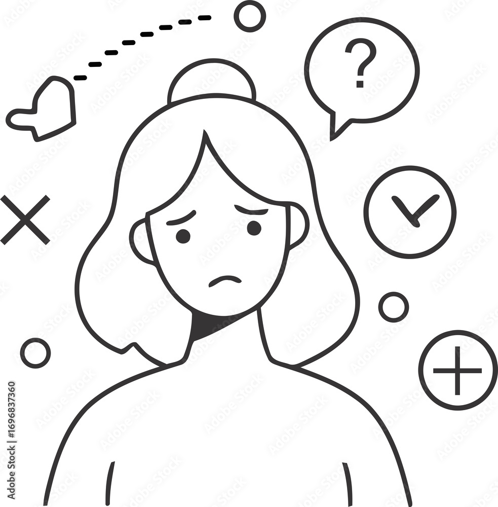 Obraz premium Thinking Woman icon in decisionmaking dilemma among various symbols. Suitable for business, psychology, and lifestyle designs.