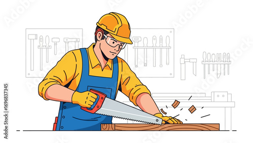 The Carpenter's Craft: A skilled carpenter saws through a piece of wood, showcasing the precision and artistry of woodworking. Witness the craftsmanship in action.