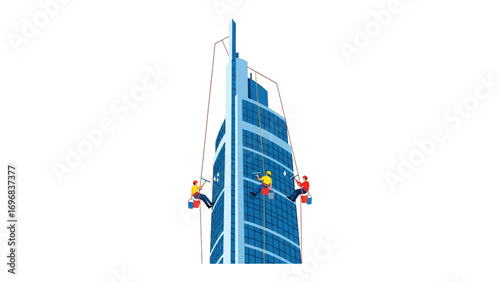 Skyline Servicemen: Courageous workers abseiling down a towering skyscraper, showcasing skill and precision in a visually striking portrayal.