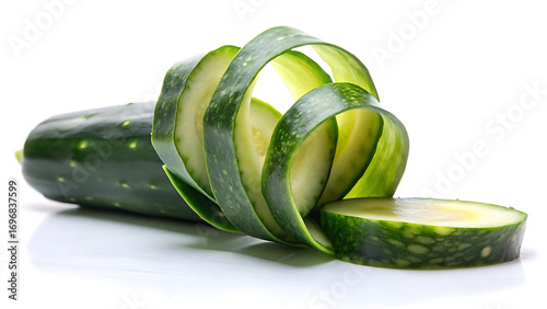 Peeled cucumber curl shaped into ribbon isolated on clean white background fresh vegetable