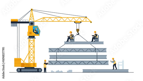 Construction Site with Crane: A graphic representation illustrates construction site activity, with crane, skilled workers, and building materials to showcase engineering and industry concepts