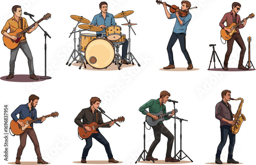Musician silhouettes, guitar, drums, violin, saxophone, band, concert, performance, stage, music, instrument, live, male, playing, artistic, energetic