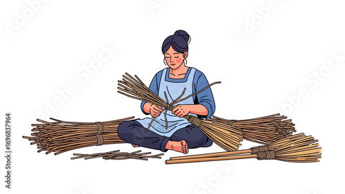 Crafting with Straw: A skilled artisan meticulously weaves together bundles of straw. This scene captures the artistry and skill of traditional craftmanship.