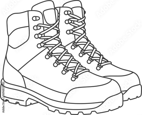 Minimalist Outline Style Hiking Boots Isolated on White Background Line Art
