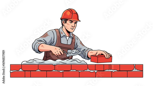 Bricklayer Building Wall: A skilled bricklayer expertly constructs a wall, laying bricks with precision and care, showcasing craftsmanship and dedication in construction.