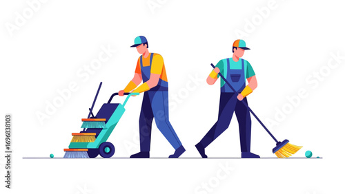 Street Cleaners at Work: Depicts two street cleaners diligently tidying a public space, one using a mechanical sweeper and the other employing a traditional broom.