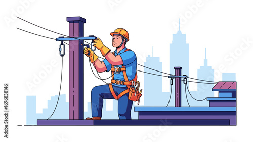 Lineman at Work: In this illustration, a lineman is seen working on power lines, ensuring the smooth and safe flow of electricity. The worker wears a harness and protective gear.