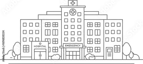 Minimalist Line Drawing Hospital Exterior with Emergency Entrance and Trees