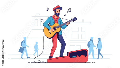 Musical Serenade in the City: A talented musician strums a tune, guitar in hand, his music notes floating in the air, with passerby's appreciating his performance in city streets.