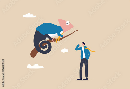 Business adaptability, change or evolve in uncertainty to survive and success, resilience or flexibility concept, businessman looking at chameleon reptile that evolved or transform into business suit.