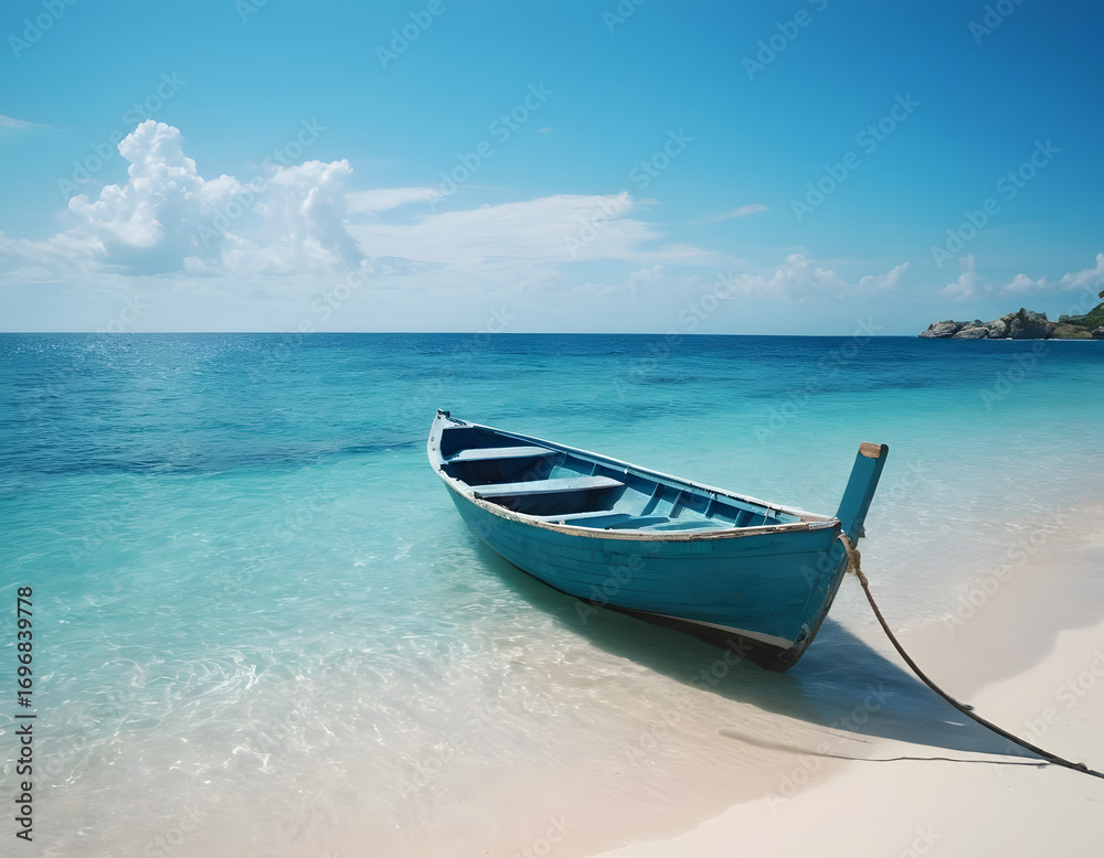 Naklejka premium sea blue scenery ocean landscape illustration boat scenic, seascape view, summer beach sea blue scenery ocean landscape, boat on the sea, sailing boat on the sea