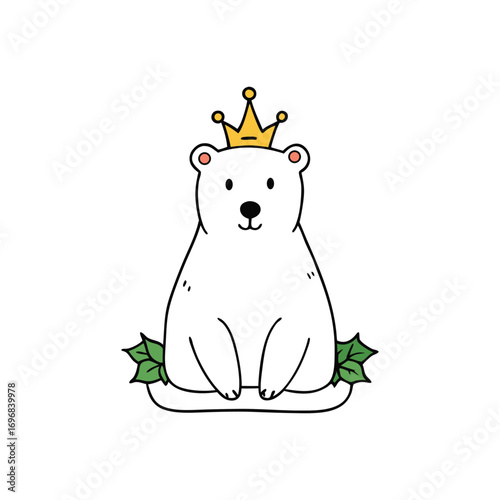 Cute Polar Bear with Golden Crown Sitting on Festive Throne Winter Vector illustration.