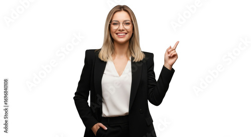 Smiling businesswoman points and gestures during presentation transparent background