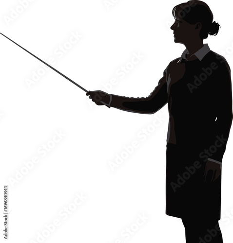 Silhouette of female teacher pointing with stick, representing instruction, education, classroom teaching, leadership, learning guidance, and training concepts.
