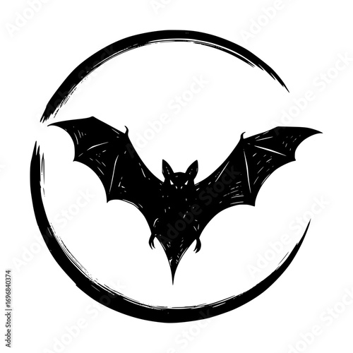 Black bat silhouette flying in a circular frame vector illustration, pencil drawing, Halloween-style design, monochrome isolated vector image on a transparent background  
  
