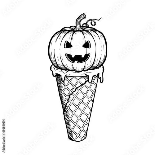 Pumpkin ice cream cone design with a spooky jack-o'-lantern face, pencil drawing, Halloween-style design, monochrome isolated vector image on a transparent background  
  