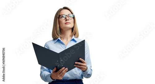 Woman in glasses reading a document focused on business growth transparent background
