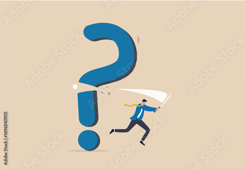 Solving problem, answer question or overcome difficulty, solution to eliminate trouble, unknown concept, confidence businessman cut question mark sign with his sword unveil exclamation mark as answer.