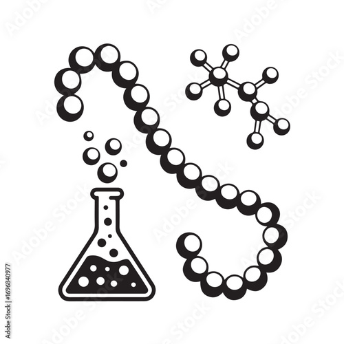 Abstract illustration of a chemical reaction with a flask producing bubbles and a molecular structure in a scientific laboratory setting