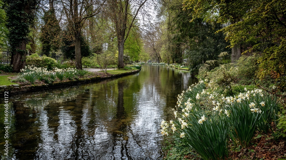 Fototapeta premium Serene canal through a spring garden