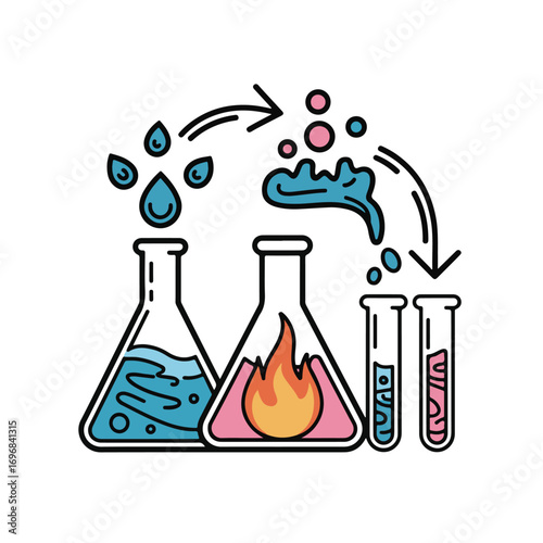 Chemical reaction depicted with flasks and test tubes showing liquid transformation and bubbling in a laboratory setting