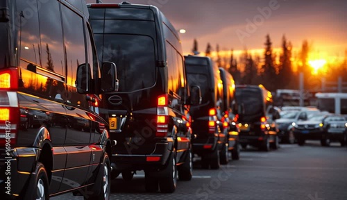 Wallpaper Mural Many black luxury vans parked in a row at a car dealership with a close up view of the tail lights against a sunset Torontodigital.ca