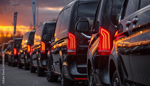 Wallpaper Mural Many black luxury vans parked in a row at a car dealership with a close up view of the tail lights against a sunset Torontodigital.ca