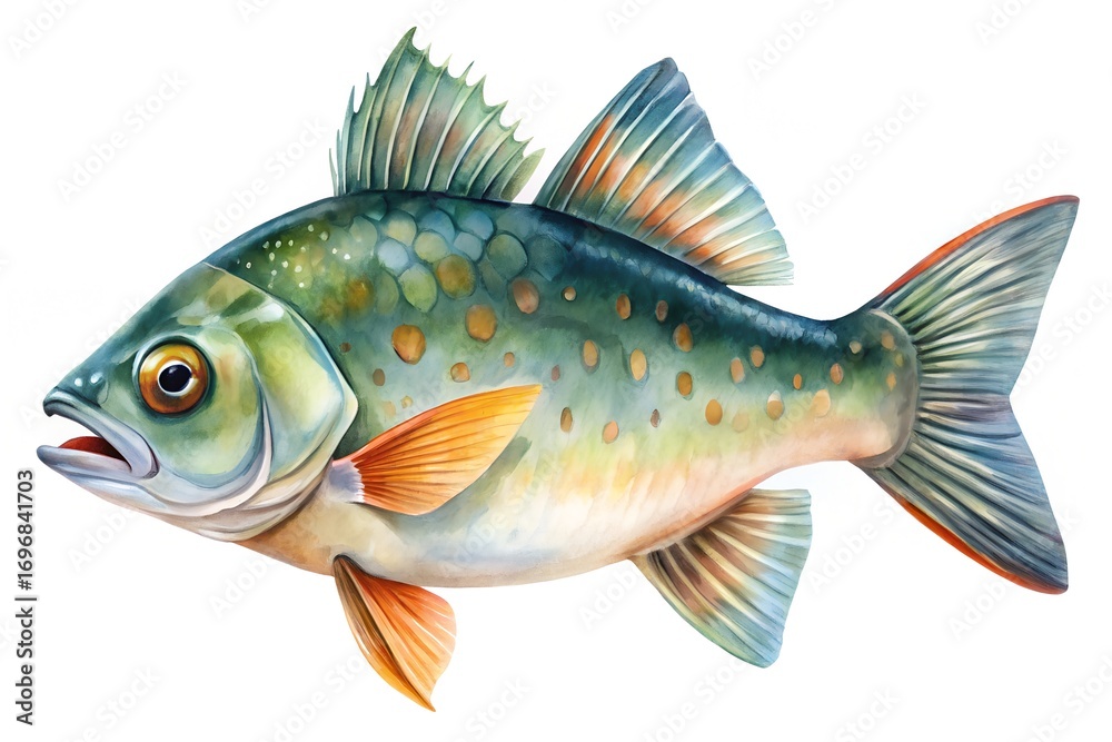 Colorful Freshwater Fish Illustration with Detailed Scales and Fins on White Background