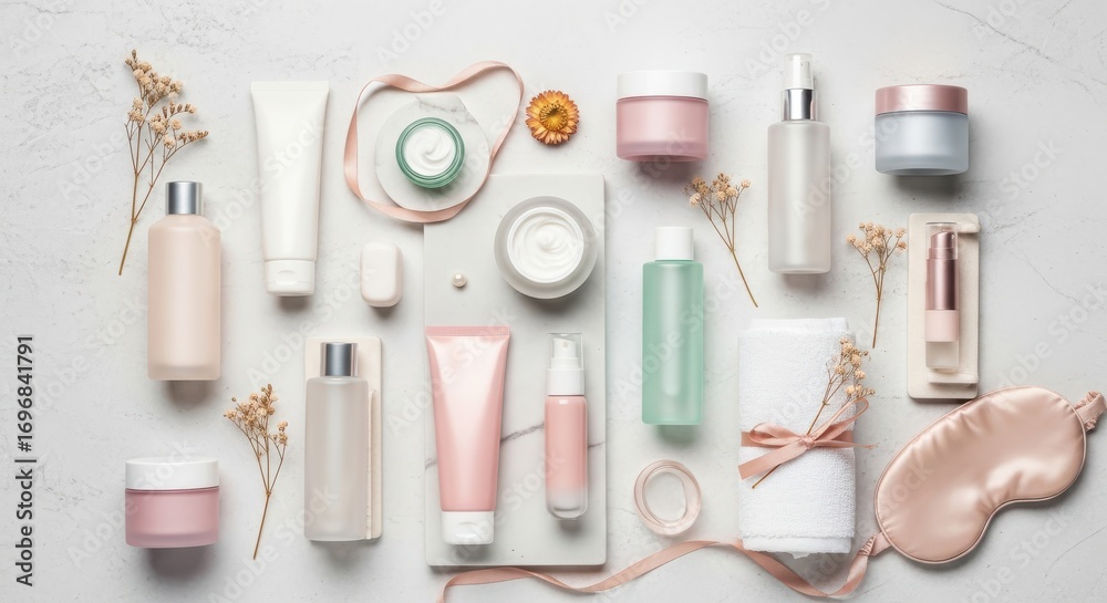 Obraz premium Elegant Beauty and Skincare Product Arrangement on Marble Surface Still Life