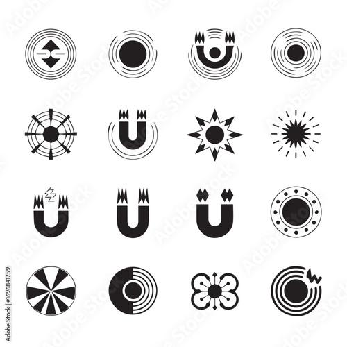 Collection of black and white abstract circular and horseshoe magnet icons representing science and technology concepts