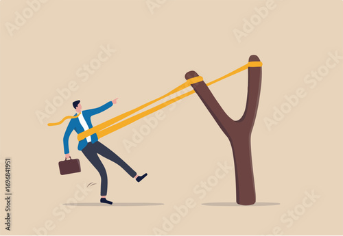 Entrepreneurship ready to launch new project or work improvement, boost career development, speed up business growth concept, brave businessman pull rubber band ready to launch slingshot flight.