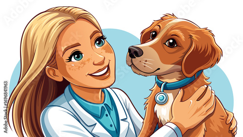 Close-up portrait of female veterinarian examining a puppy gently. White background emphasizes empathy, professionalism, and trust.