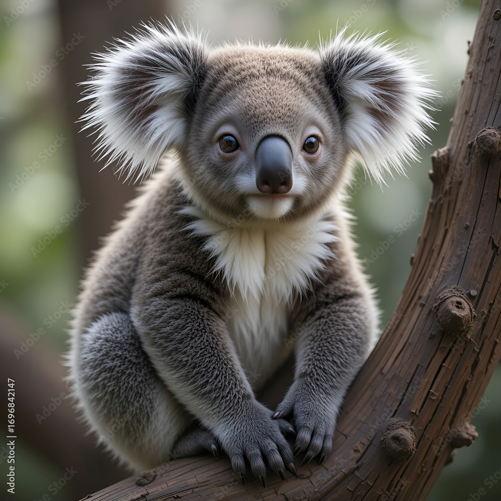 Fototapeta premium A portrait of a young koala sitting on wood, showcasing soft fur, gentle eyes, natural.