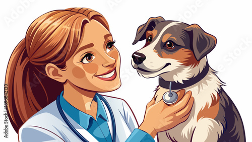 Close-up portrait of female veterinarian examining a puppy gently. White background emphasizes empathy, professionalism, and trust.