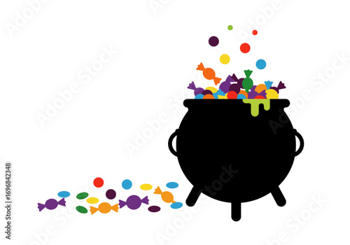 Halloween Cauldron Overflowing with Assorted Candies.