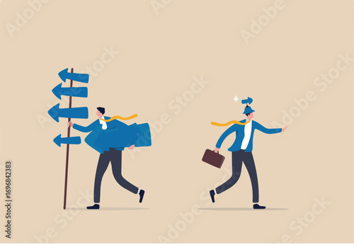Simple idea for business success, simplify complicated directions to be easy success way, effective thinking concept, smart businessman walk with simple arrow while other with too many arrow ways.